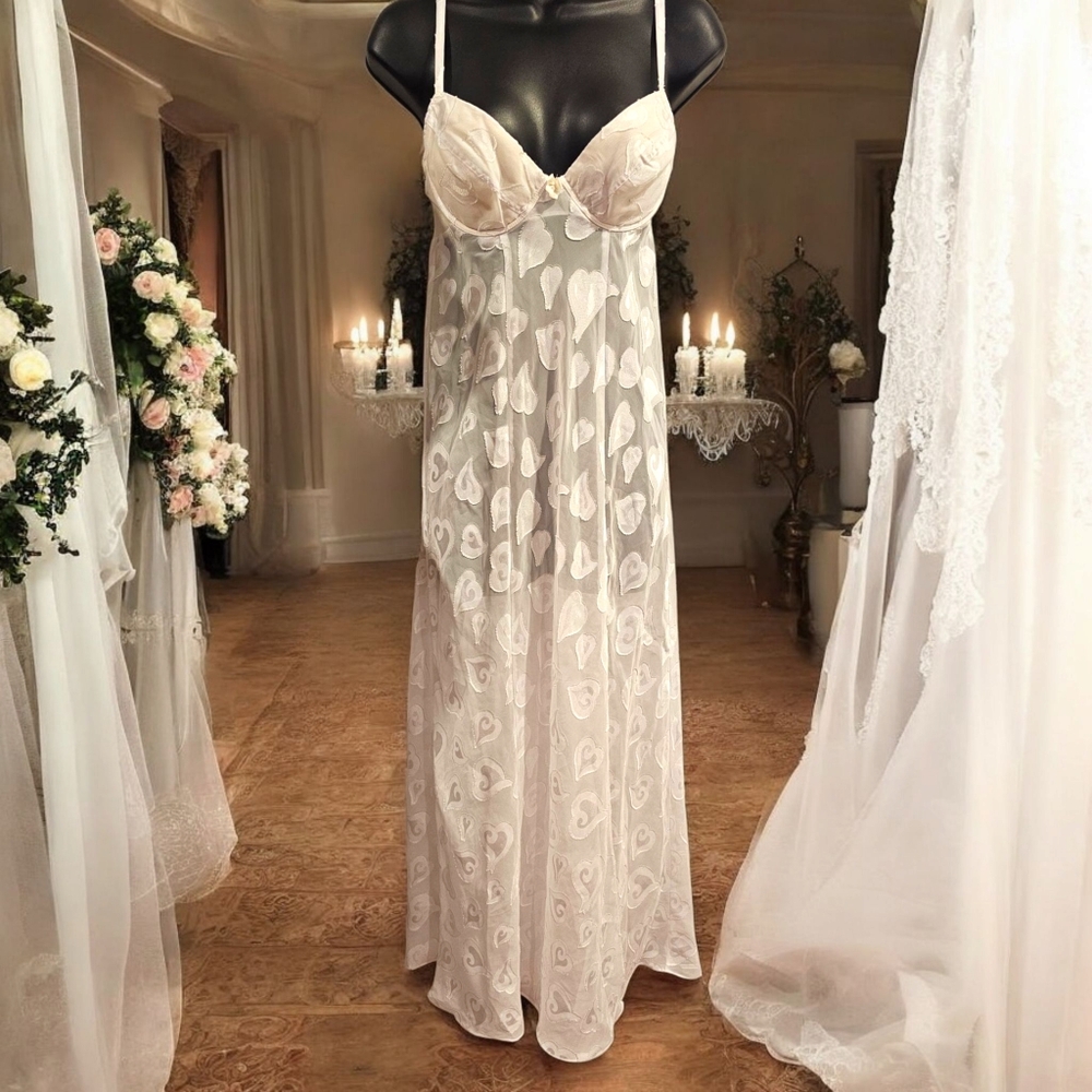 Vintage Victoria's Secret White Sheer Heart Maxi Slip Dress Gown Sz Small